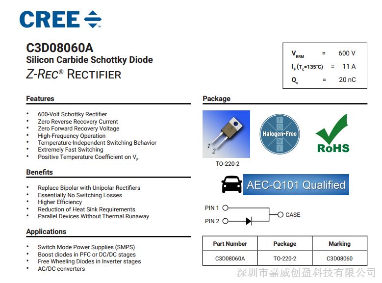 CREE碳化硅肖特基二极管与整流器C3D0806