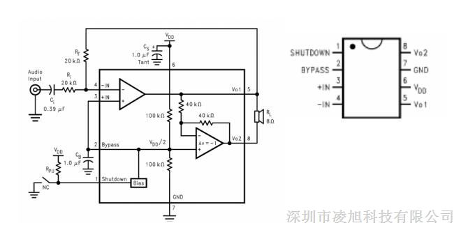 是一个 BTL 桥连接的音频功率放大器.它能够在 5V 电源电压下给一个 3Ω 负载提供 THD 小 于 10%、平均值为 3W 输出功率。在关闭模式下电流的典型值为 0.6uA. CSC8002 是为提供大功率,高保真音频输出而专门设计的.它仅仅需要少量的外围元件,并且能工作在 低电压条件下(2.0V-5.