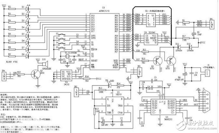 P1口仍接8只LED，P3口仍接4只按键开关，P0口和P2口仍接2只LED数码管，但改为由P0口直接驱动。与原板完全兼容。新增：MAX232，可与计算机进行串行通讯，将来会考虑加入MON51支持。24C类串行芯片插座，可以插入24CXXX类芯片，进行I2C程序实验。增加X25045芯片插座，可以进行看门狗及3线制串行EEPROM的实验，通过插针切换，也可不用25045作为复位芯片，而采用常规的阻容复位电路。音乐接口，可外接一个小喇叭，做单片机发声实验。版主打算就用这块板替代原实验板，并用它为蓝本编一些C语言讲座。