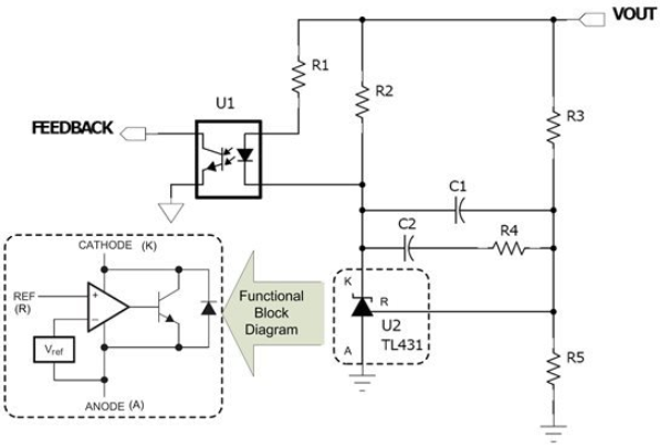 常用于调节隔离式电源输出电压的 TL431 电路