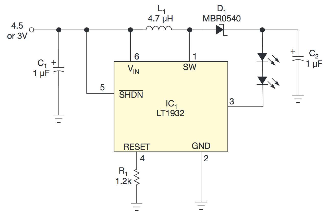 LED 手电筒电路可在低至 0.5V 的电压下工作