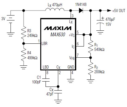 使用 MAX630 的 3 至 5 伏转换器