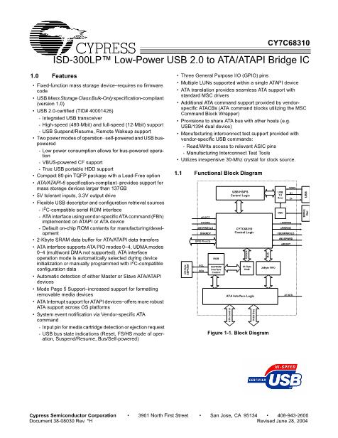 CY7C68310-80AC數(shù)據(jù)手冊封面