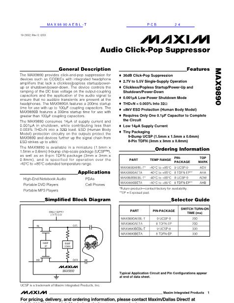 MAX9890AEBL-T數(shù)據(jù)手冊封面