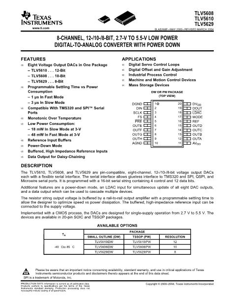 TLV5610IDW數(shù)據(jù)手冊(cè)封面
