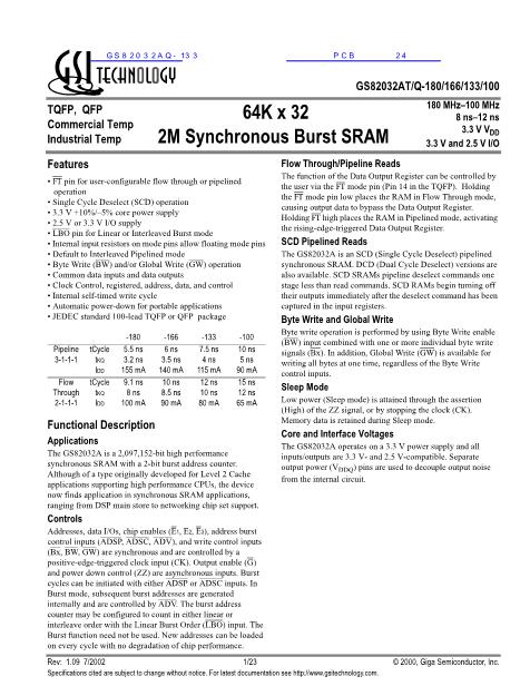 GS82032AQ-133數(shù)據(jù)手冊封面