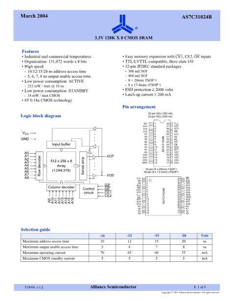 AS7C31024B-10JC數(shù)據(jù)手冊封面