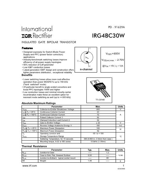 IRG4BC30W数据手册封面