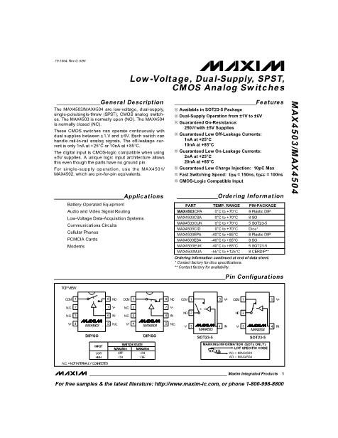 MAX4504CPA数据手册封面