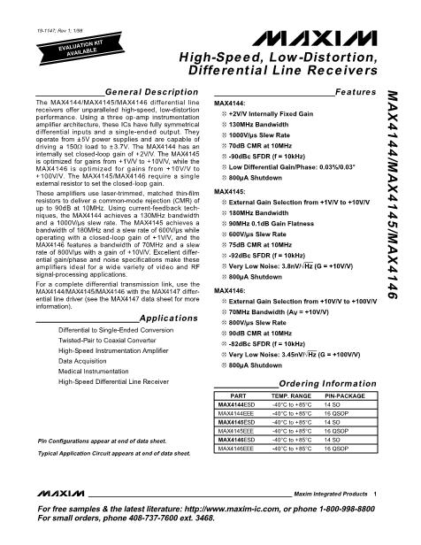 MAX4144EEE數(shù)據(jù)手冊封面