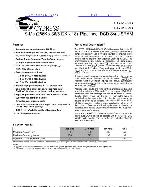 CY7C1366B-166AC数据手册封面