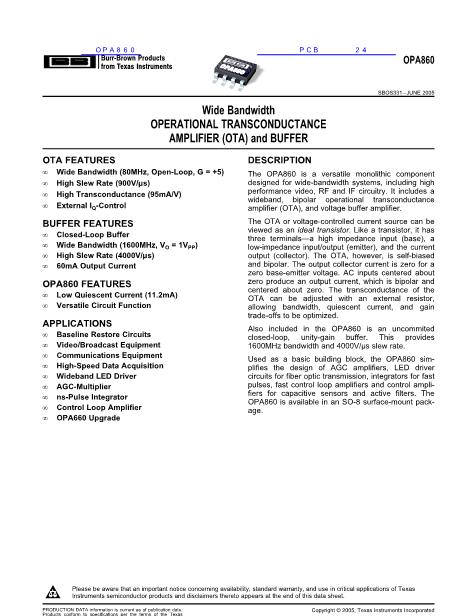 OPA860數(shù)據(jù)手冊封面
