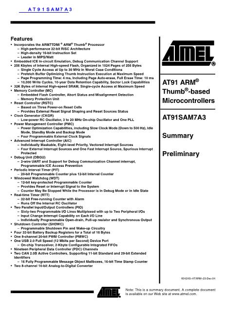 AT91SAM7A3数据手册封面