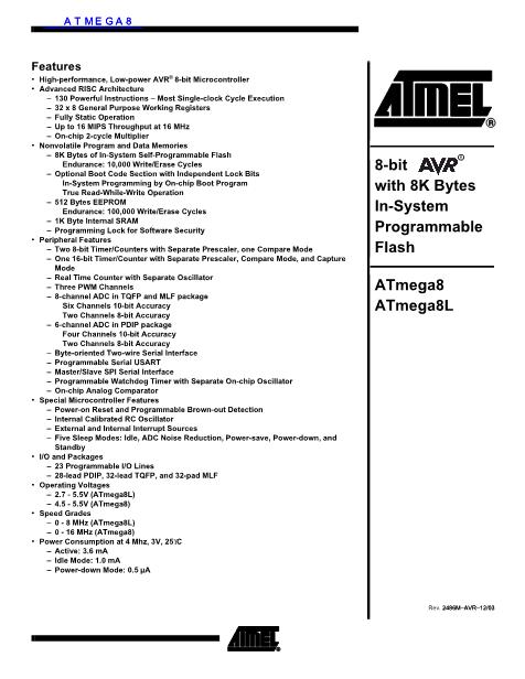 ATMEGA8数据手册封面