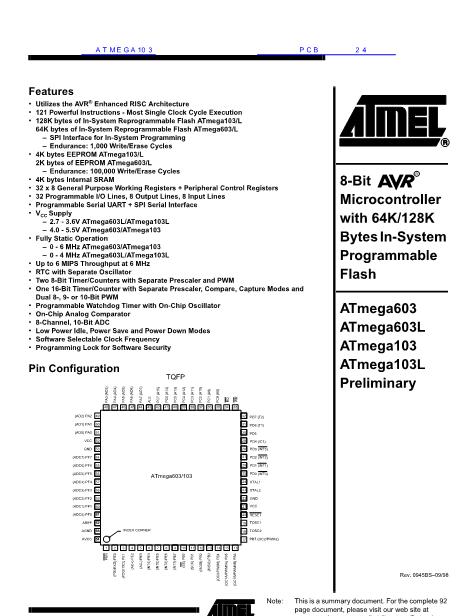 ATMEGA103数据手册封面