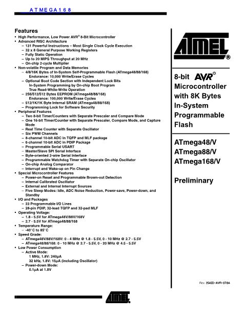 ATMEGA168数据手册封面