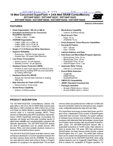 SST34HF1602C-70-4C-B1PE数据手册封面