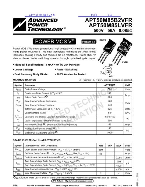 APT50M85B2VFR数据手册封面
