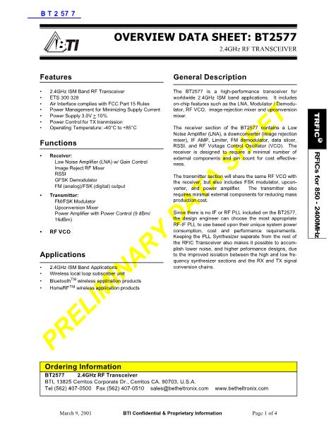 BT2577數(shù)據(jù)手冊封面