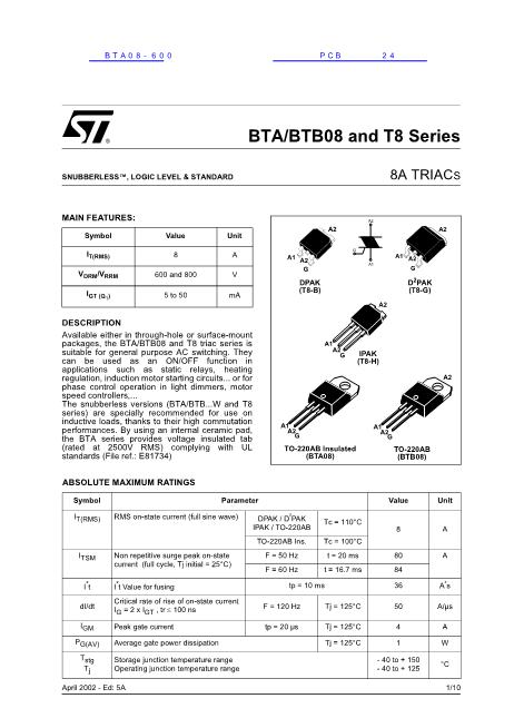 BTA08-600数据手册封面