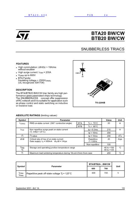 BTA20-600数据手册封面