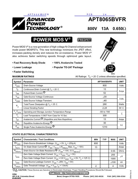 APT8065BVFR數(shù)據(jù)手冊封面