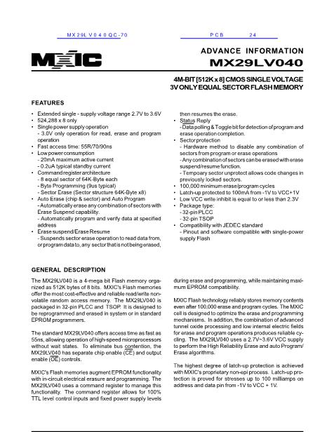 MX29LV040QC-70数据手册封面
