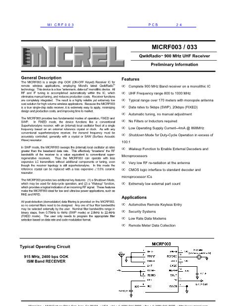 MICRF003数据手册封面