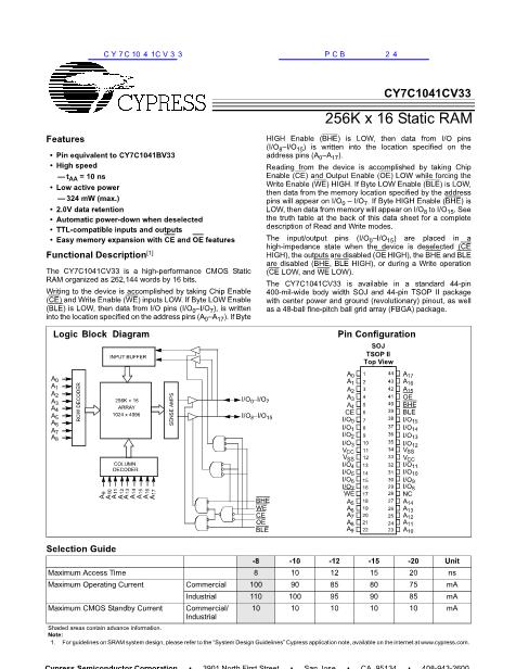 CY7C1041CV33数据手册封面