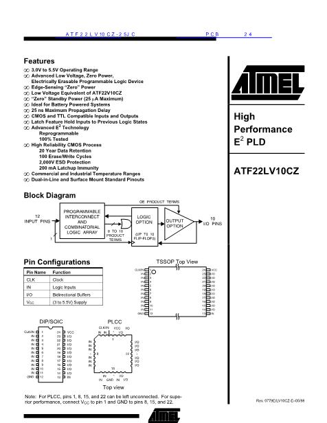 ATF22LV10CZ-25JC数据手册封面
