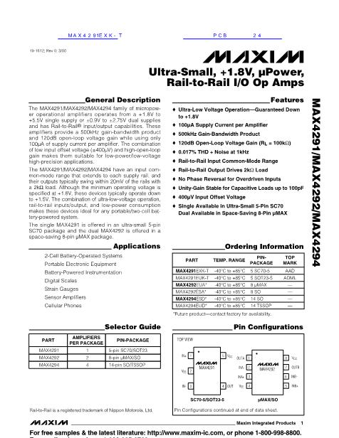 MAX4291EUK-T數(shù)據(jù)手冊封面