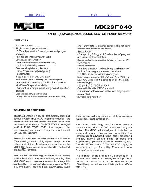 MX29F040數(shù)據(jù)手冊封面