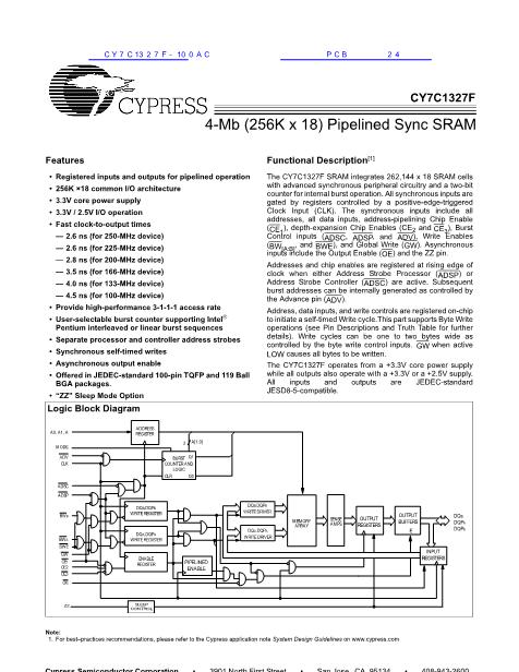 CY7C1327F-100AC数据手册封面