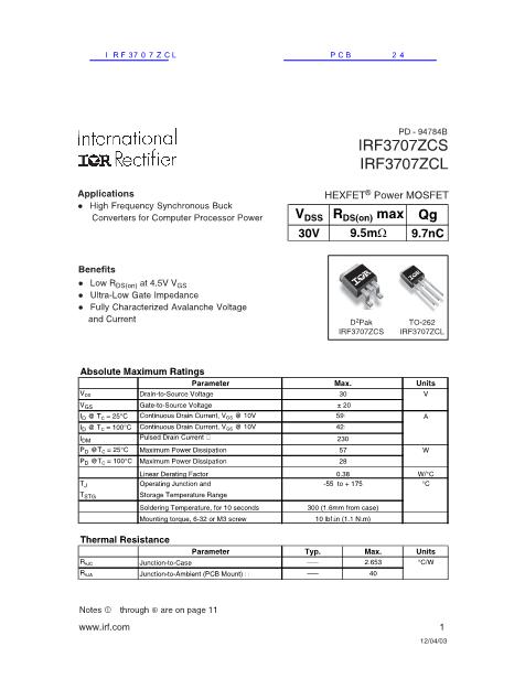IRF3707ZCL数据手册封面