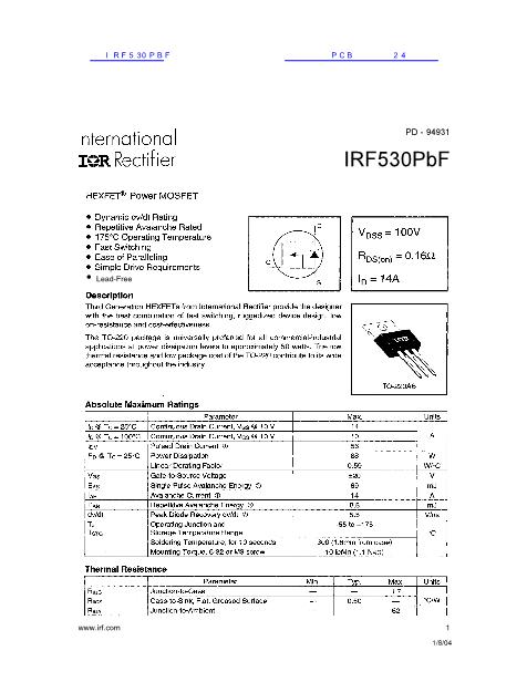 IRF530PBF数据手册封面
