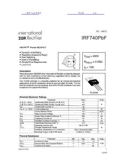 IRF740PBF数据手册封面
