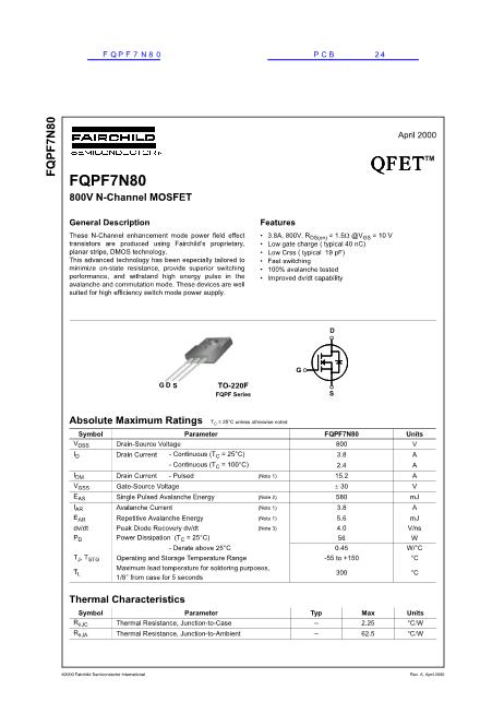 FQPF7N80数据手册封面