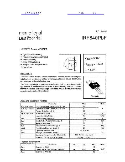 IRF840PBF数据手册封面
