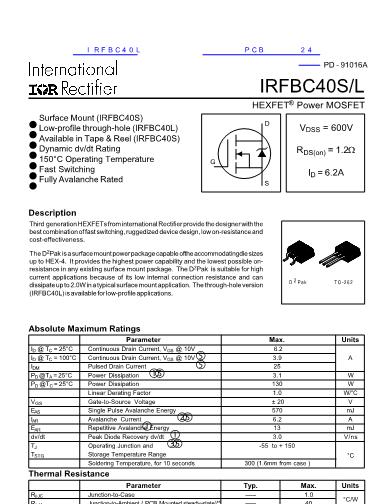 IRFBC40L数据手册封面