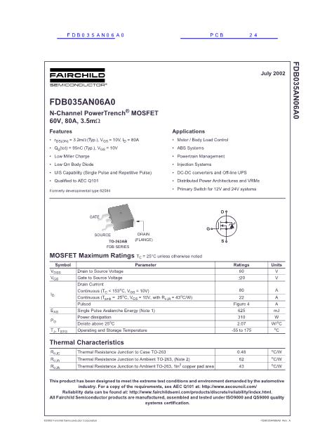 FDB035AN06A0數(shù)據(jù)手冊(cè)封面