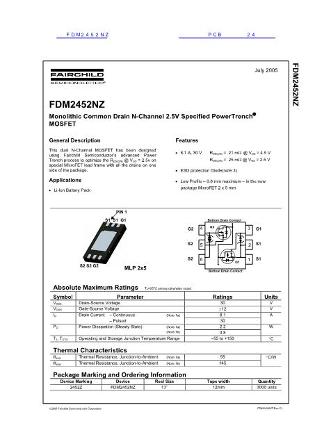 FDM2452NZ数据手册封面
