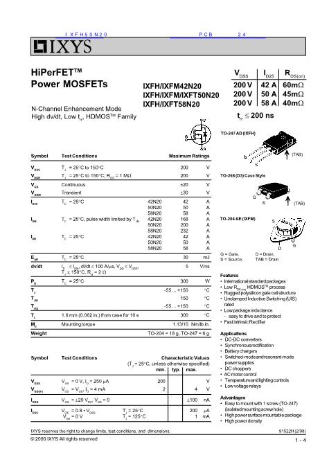 IXFH50N20數(shù)據(jù)手冊封面