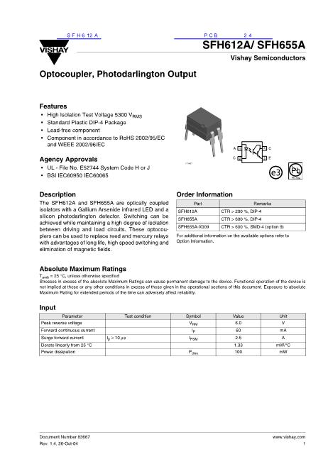 SFH612A數(shù)據(jù)手冊封面