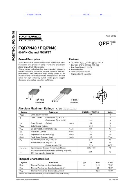 FQB7N40數(shù)據(jù)手冊封面