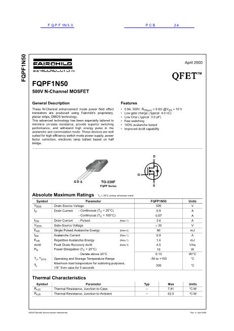 FQPF1N50数据手册封面