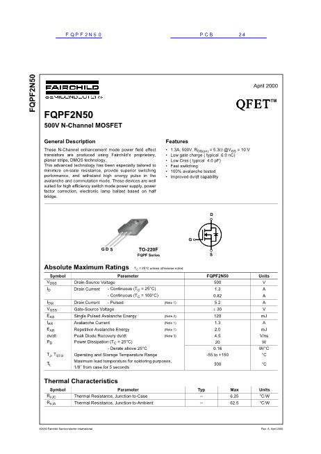 FQPF2N50数据手册封面