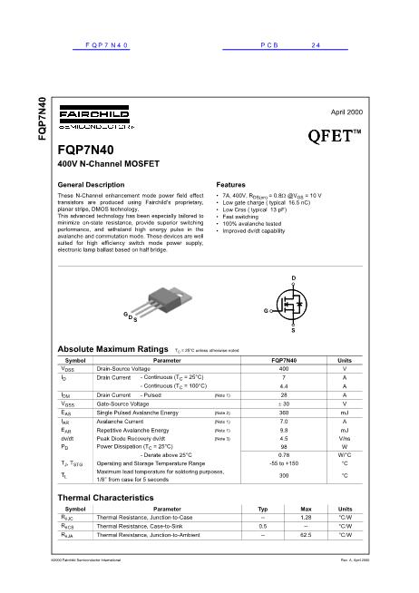 FQP7N40數(shù)據(jù)手冊(cè)封面