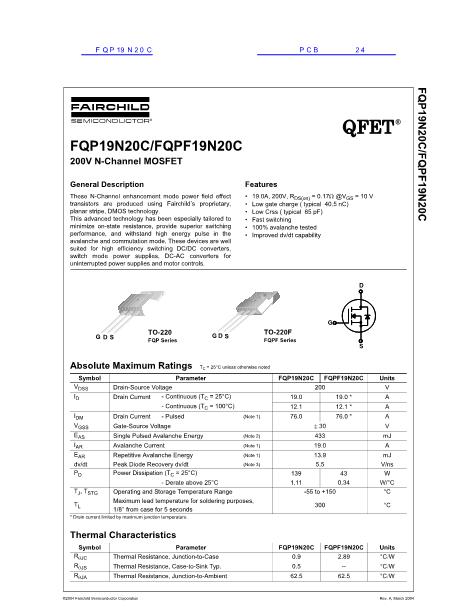 FQP19N20C数据手册封面