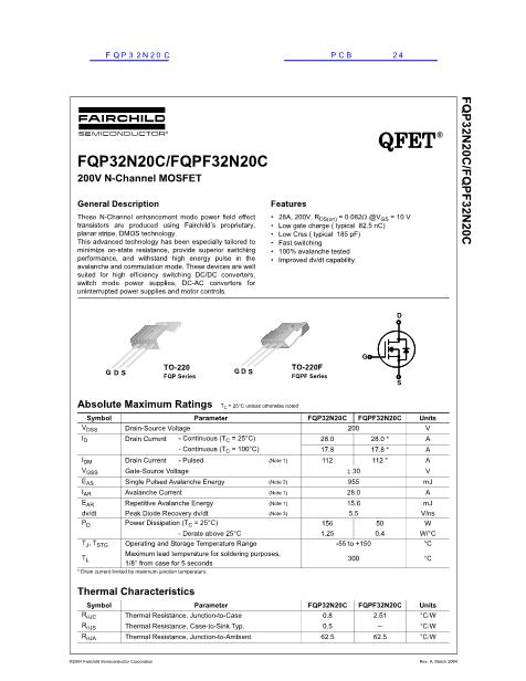 FQP32N20C数据手册封面