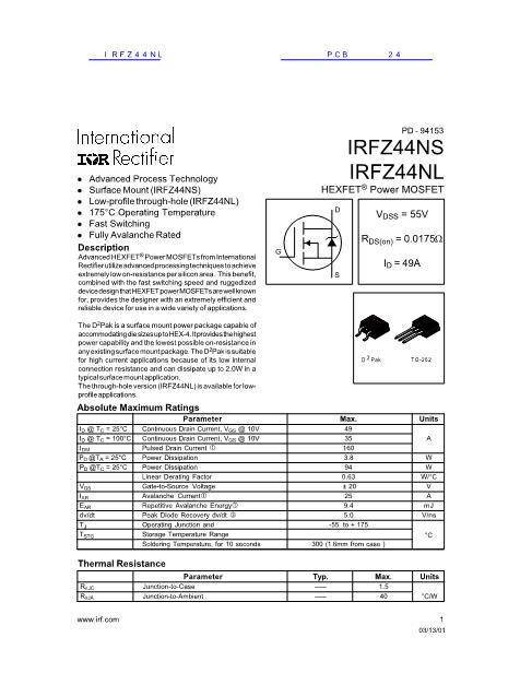 IRFZ44NL数据手册封面